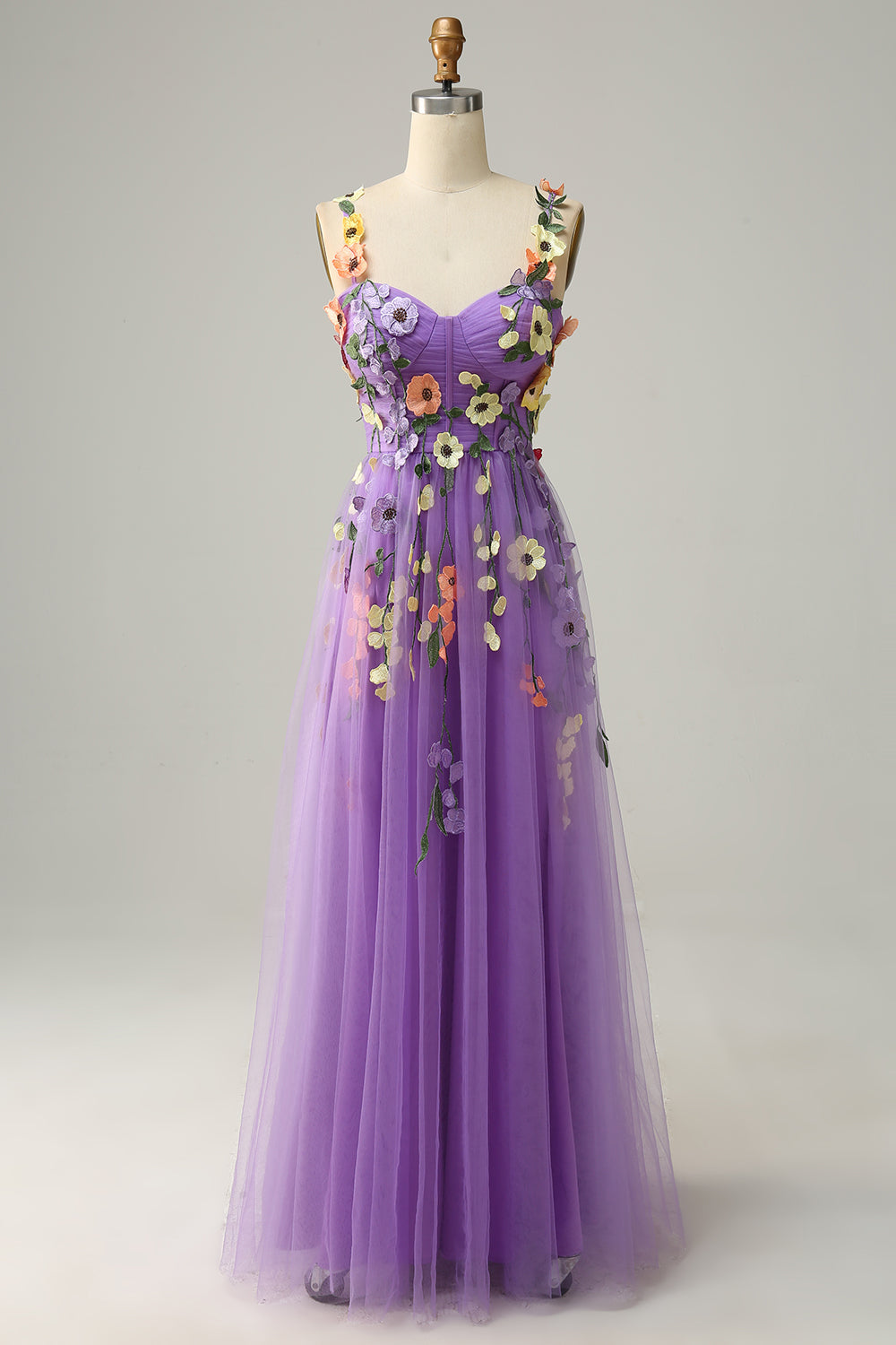Zapakasa Flower Purple Prom Dress A-Line Tulle Floor-Length Sweetheart Ball Gown Dress