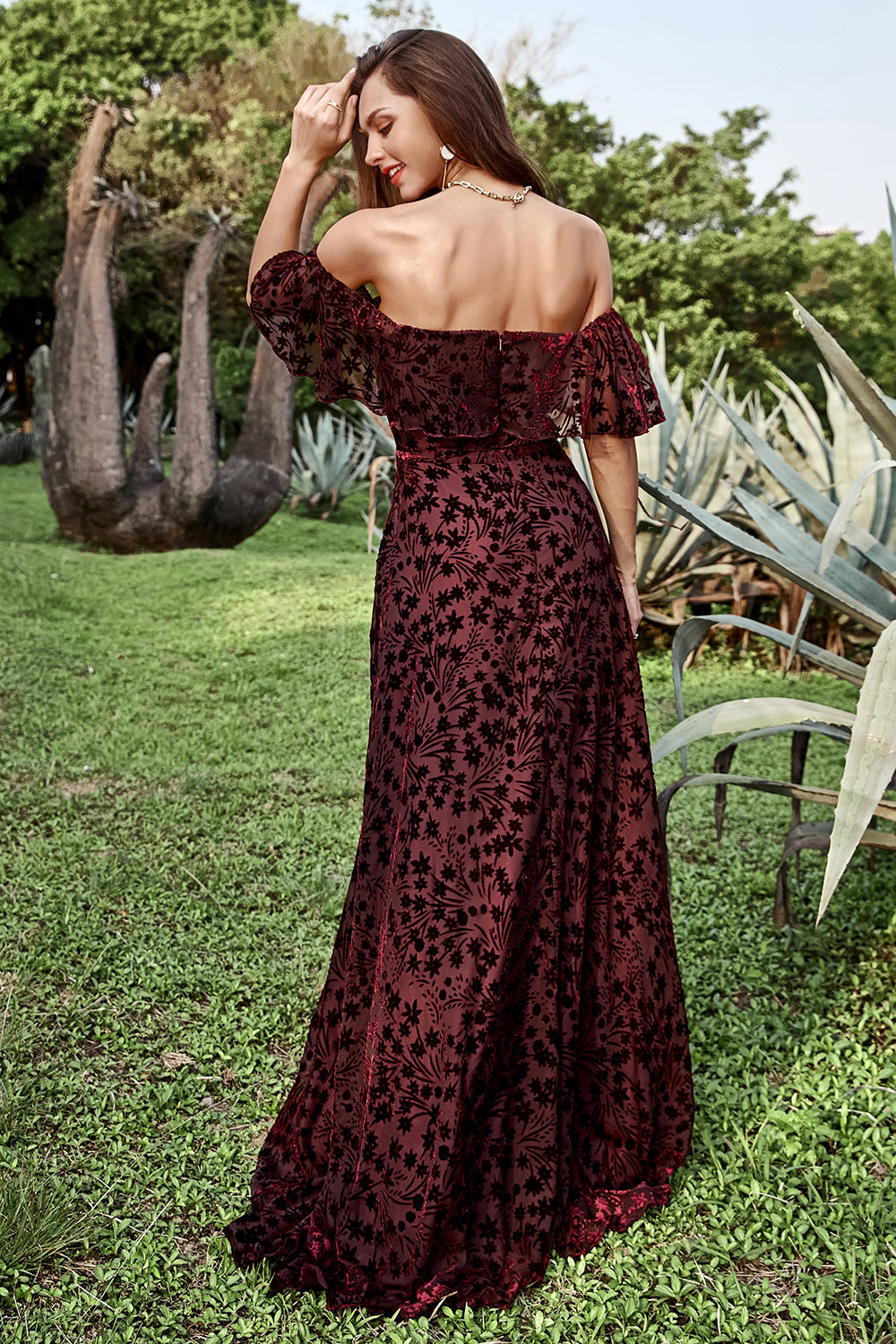 A Line Off the Shoulder Burgundy Long Prom Dress with Belt