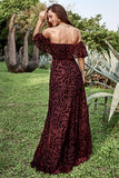 A Line Off the Shoulder Burgundy Long Prom Dress with Belt