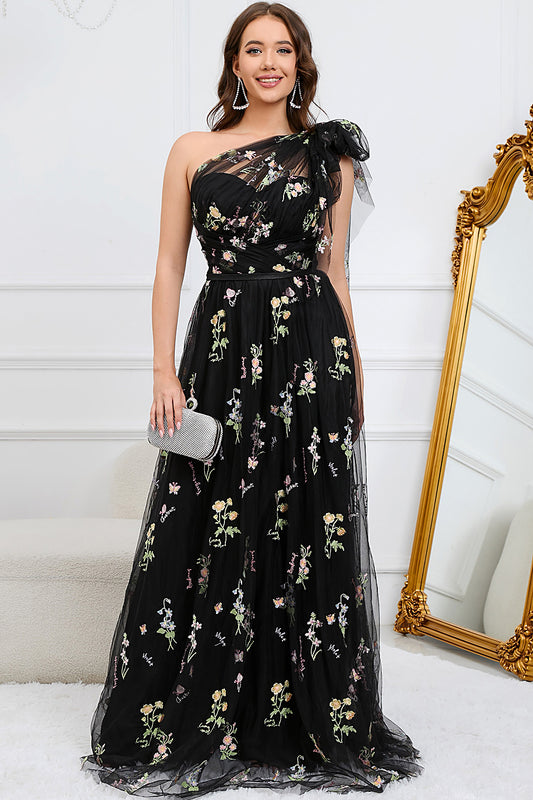 A-Line Black Long Tulle Prom Dress With Embroidery