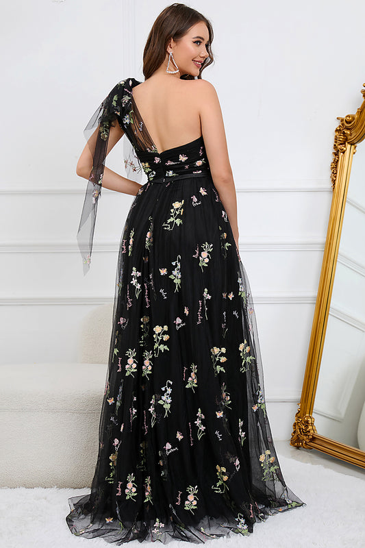 A-Line Black Long Tulle Prom Dress With Embroidery