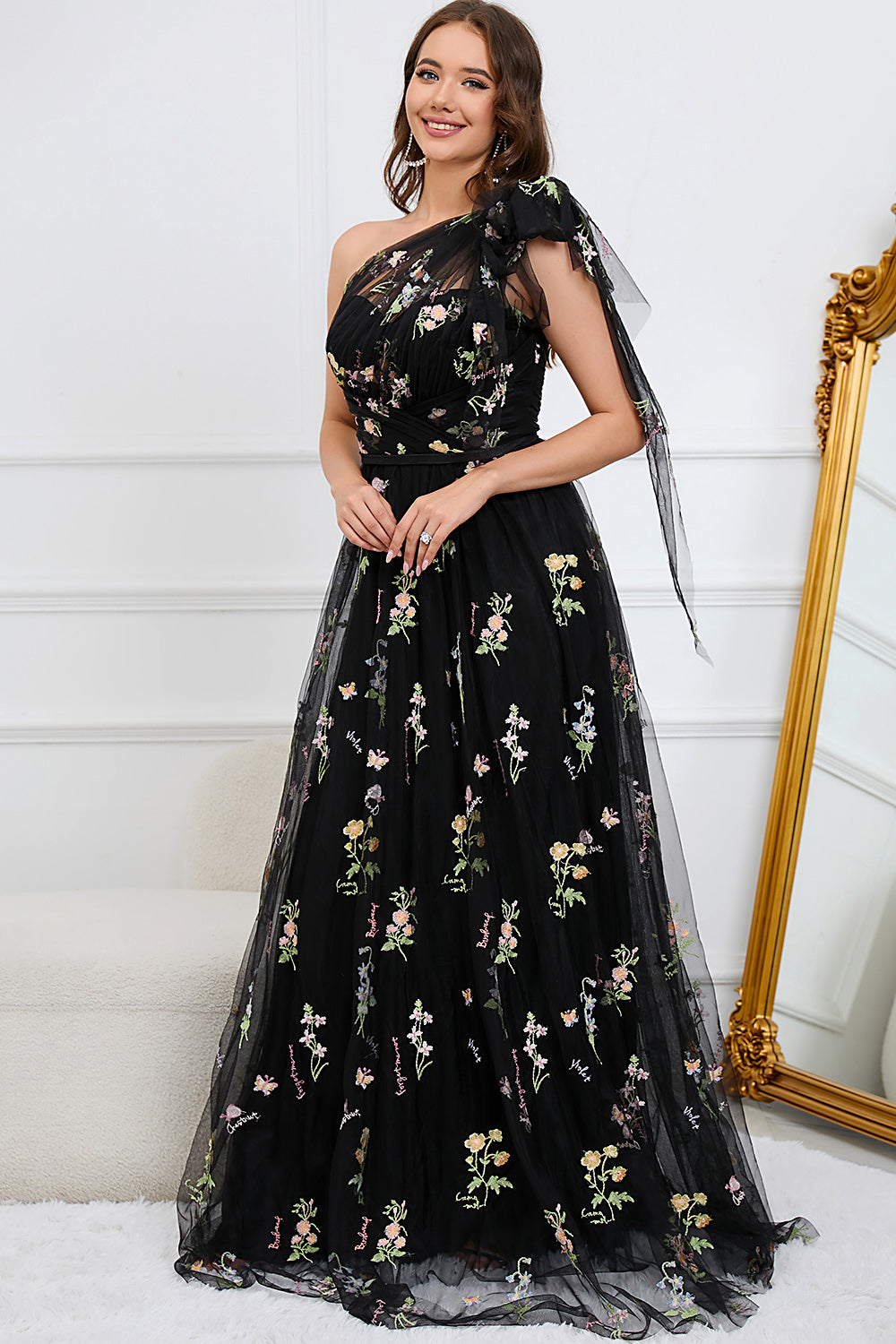 A-Line Black Long Tulle Prom Dress With Embroidery