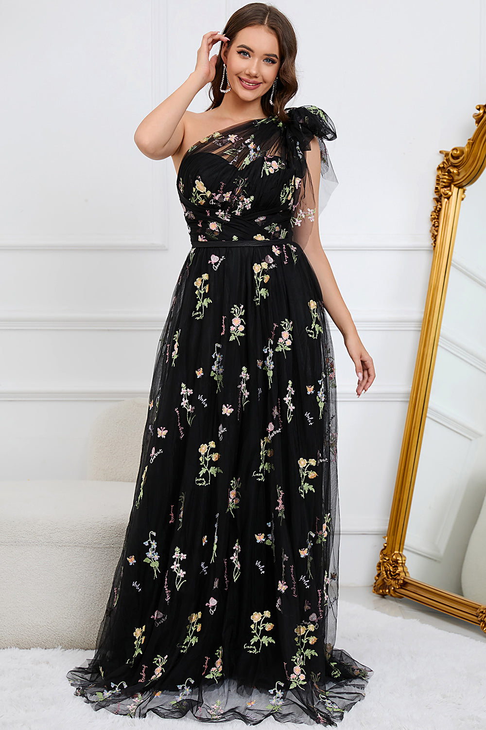 A-Line Black Long Tulle Prom Dress With Embroidery
