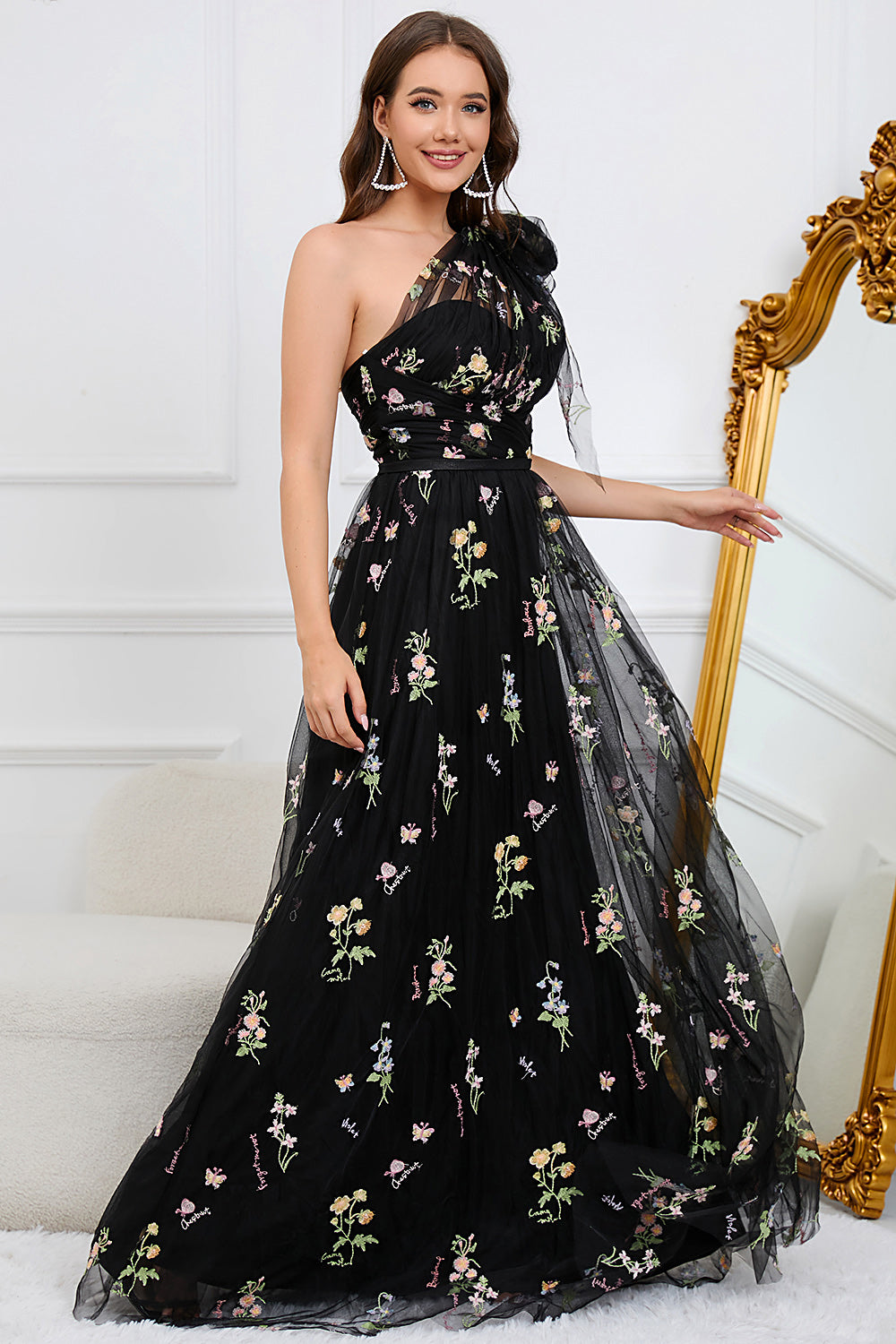 A-Line Black Long Tulle Prom Dress With Embroidery