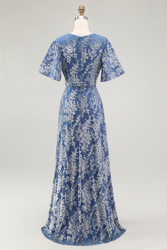 Blue Burnout Velvet V-Neck Mother of Bride Dress