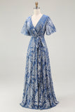 Golden Purple Velvet Burnout V-Neck A-Line Long Wedding Guest Dress