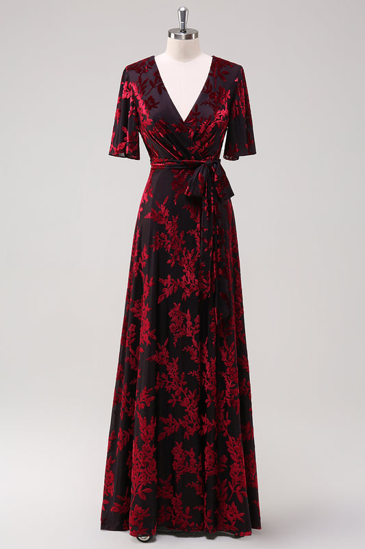 Burgundy Burnout Velvet Floor Length Prom Dress with Short Sleeve A-Line V Neck Bridesmaid Dress with Slit