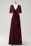 Burgundy Burnout Velvet Floor Length Prom Dress with Short Sleeve A-Line V Neck Bridesmaid Dress with Slit