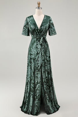Pine A-Line Velvet Burnout V-Neck Long Wedding Guest Dress