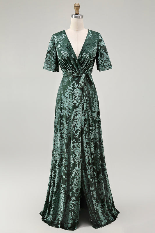 Pine A-Line Velvet Burnout V-Neck Long Wedding Guest Dress
