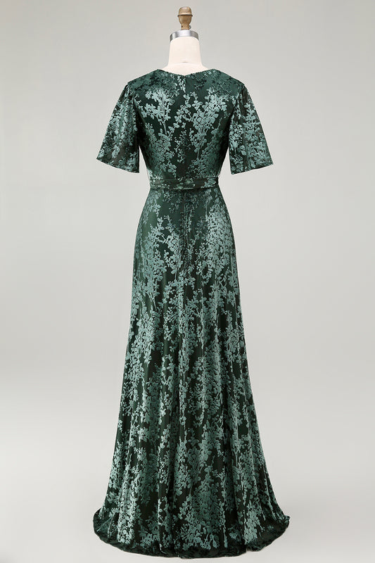 Pine A-Line Velvet Burnout V-Neck Long Wedding Guest Dress