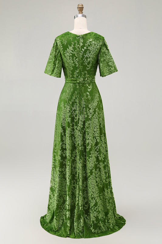 Sage Green A-Line Burnout V-Neck Velvet Long Wedding Guest Dress