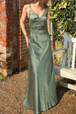 Eucalyptus V Neck Long Bridesmaid Dress