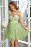 Green V neck Short Tulle Homecoming Dress