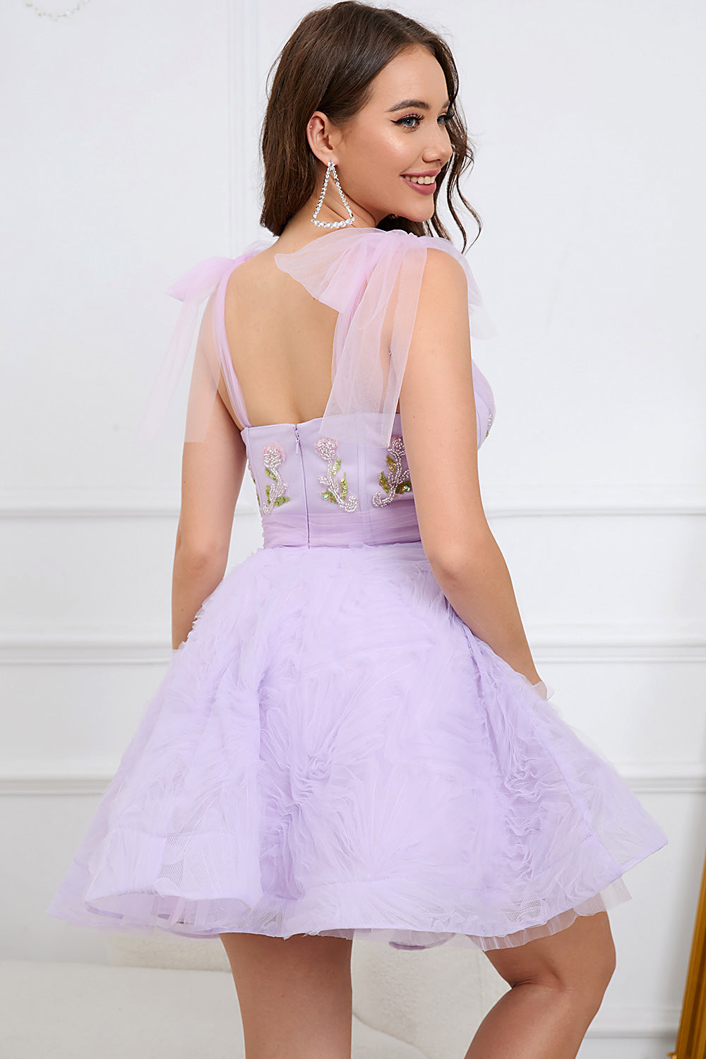 Light Purple V neck Short Tulle Homecoming Dress