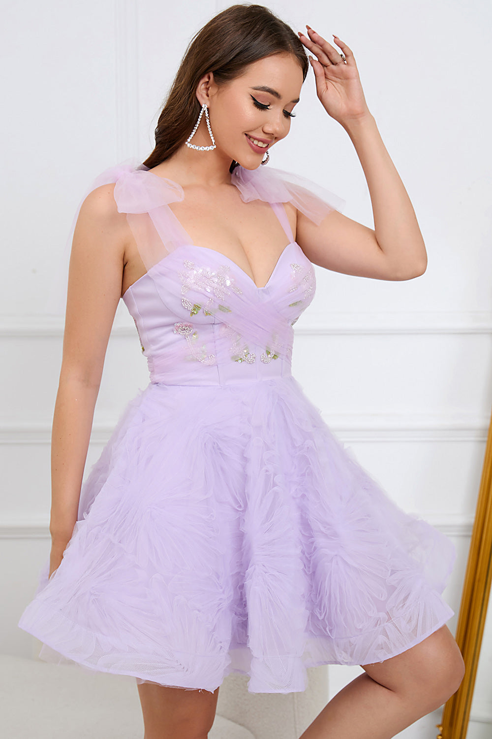 Light Purple V neck Short Tulle Homecoming Dress
