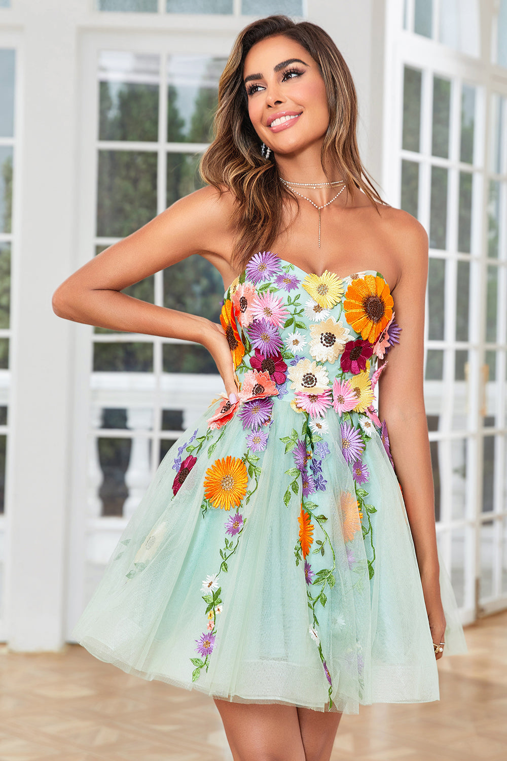Light Green Strapless Homecoming Dress with 3D Flowers