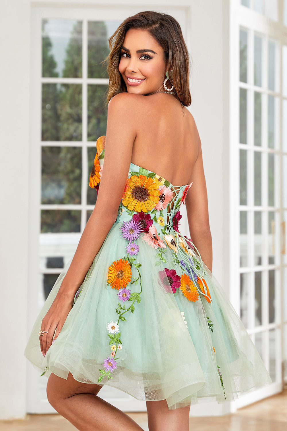 Light Green Strapless Homecoming Dress with 3D Flowers