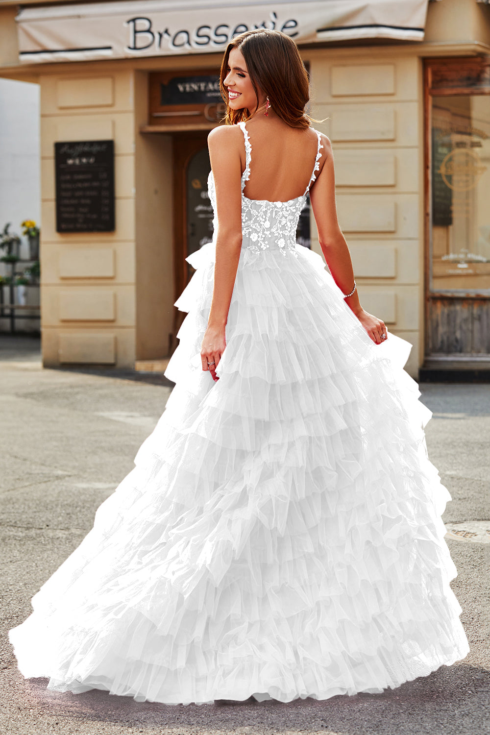 ZAPAKA Women White Tiered Wedding Dress with Slit A-Line Spaghetti Straps Bridal Dress ZAPAKA Women White Tiered Wedding Dress with Slit A-Line Spaghetti Straps Bridal Dress