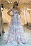 A-Line Tulle Flower Printed Prom Dress