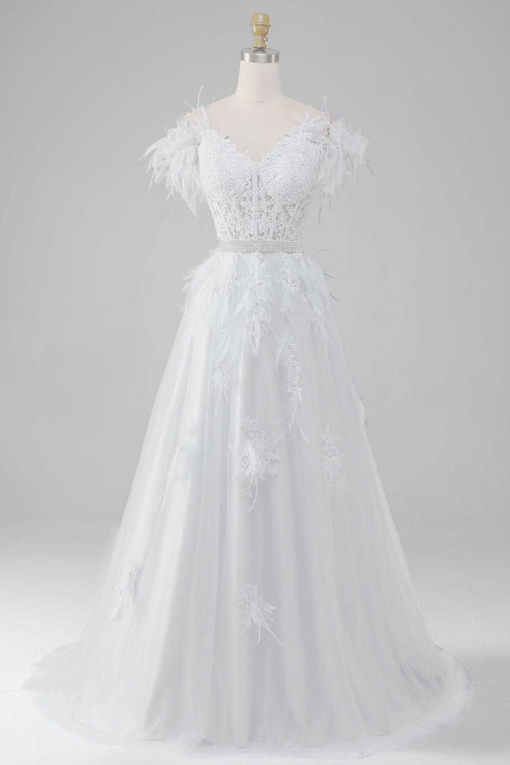 ZAPAKA Women White Corset Wedding Dress with Appliques Rhinestones Accents Bridal Dress with Feathers ZAPAKA Women White Corset Wedding Dress with Appliques Rhinestones Accents Bridal Dress with Feathers