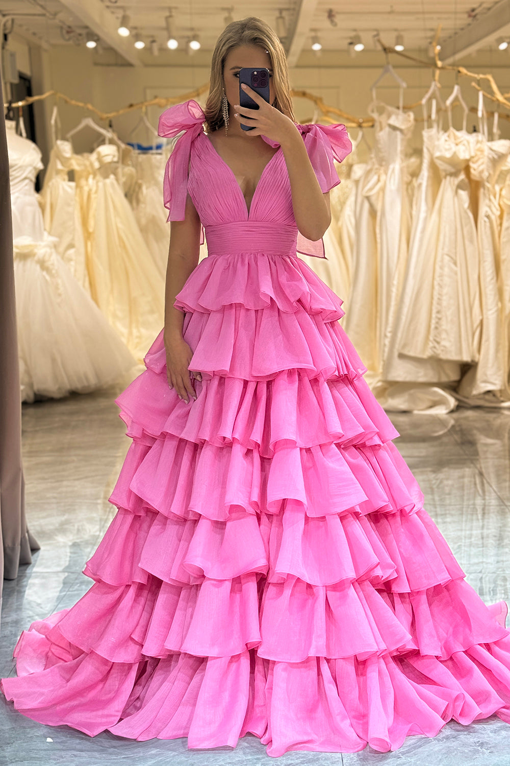 Zapakasa Women Fuchsia Prom Dress Princess A-Line V-Neck Evening Tiered Party Dress With Slit Zapakasa Women Fuchsia Prom Dress Princess A-Line V-Neck Evening Tiered Party Dress With Slit