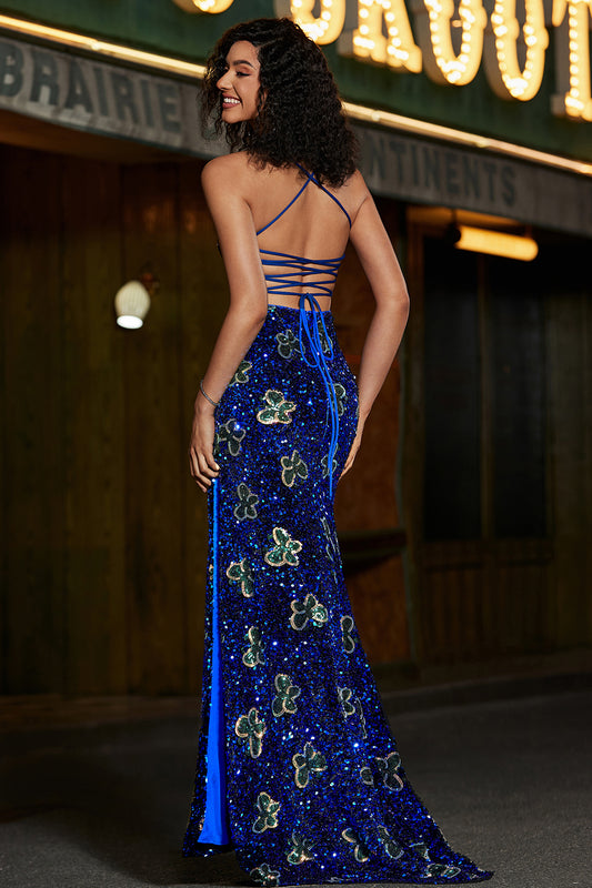 Mermaid Royal Blue Spaghetti Straps Sequins Prom Dress With Slit