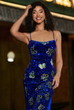 Mermaid Royal Blue Spaghetti Straps Sequins Prom Dress With Slit