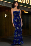 Mermaid Royal Blue Spaghetti Straps Sequins Prom Dress With Slit