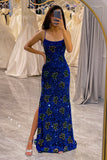 Royal Blue Mermaid Spaghetti Straps Sequins Prom Dress With Slit