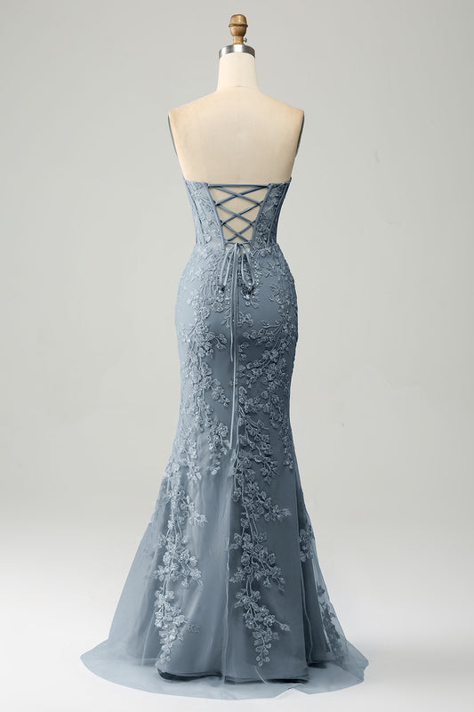 Grey Blue Mermaid Sweetheart Corset Appliques Prom Dress With Side Slit