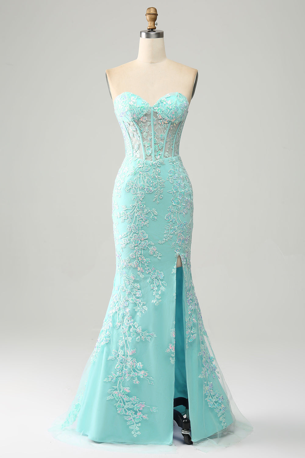 Grey Blue Mermaid Sweetheart Appliqued Corset Beaded Long Prom Dress With Slit