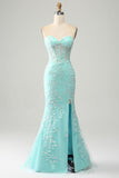 Grey Blue Mermaid Sweetheart Corset Appliques Prom Dress With Side Slit