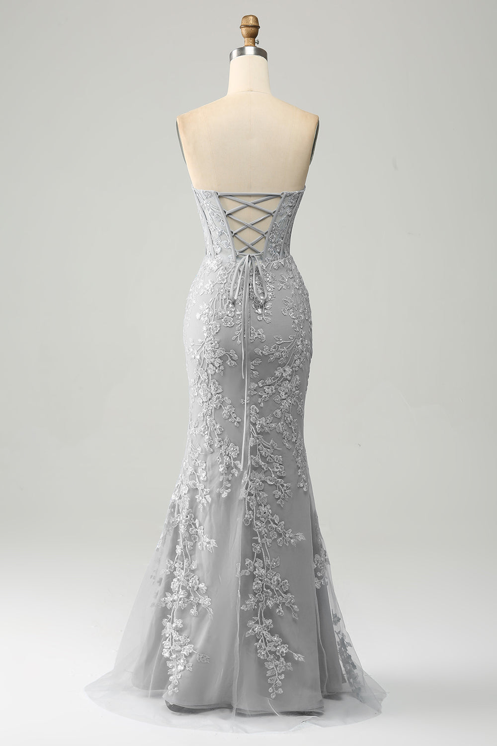 Grey Blue Mermaid Sweetheart Corset Appliques Prom Dress With Side Slit