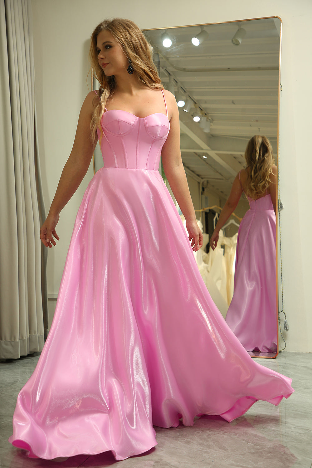 A-Line Spaghetti Straps Pink Prom Dress with Corset