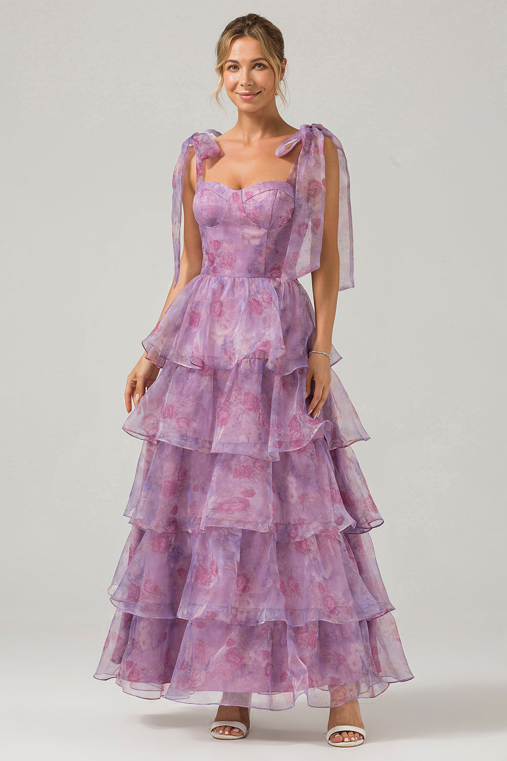 Zapakasa Women Purple Prom Dress Tiered Tea-length Printed A Line