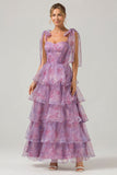 A Line Purple Printed Tiered Tea-Length Long Prom Dress