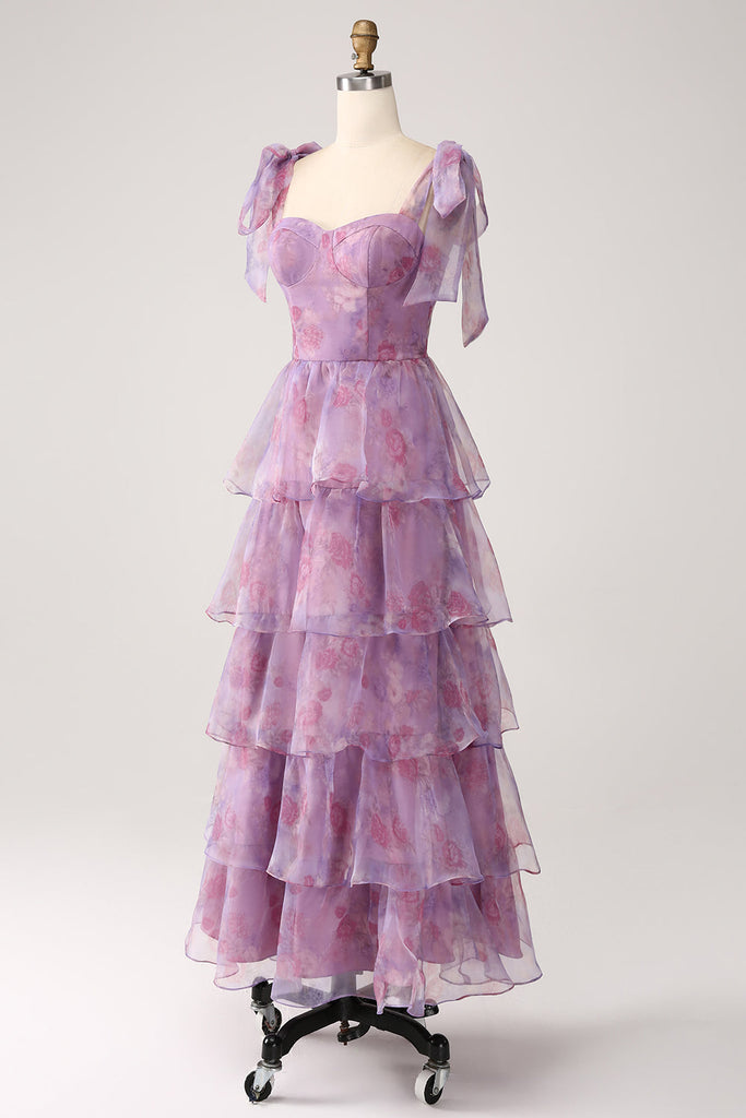 Purple A Line Pleated Printed Tea-Length Ball Dress