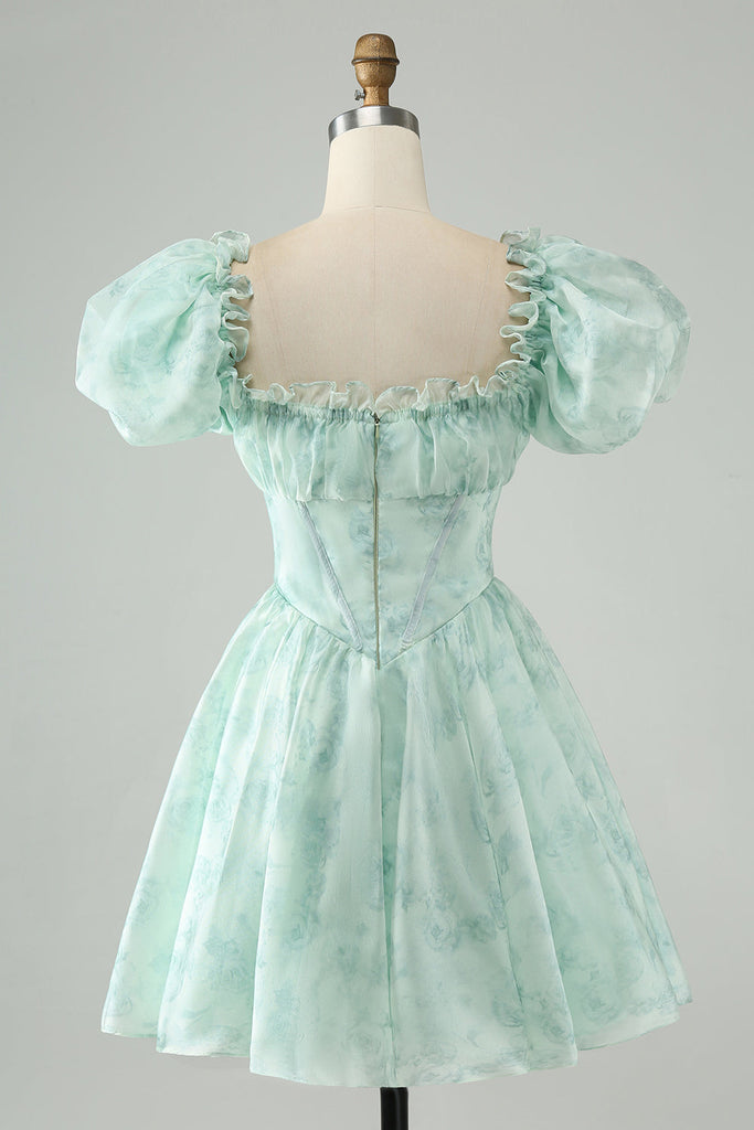 A-Line V Neck Light Blue Organza Short Homecoming Dresses with Ruffles VK24090906