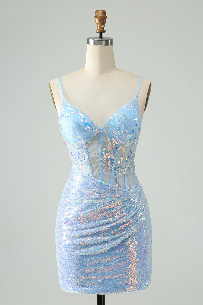 Zapakasa Women Glitter Light Blue Tight Sequins Homecoming Dress