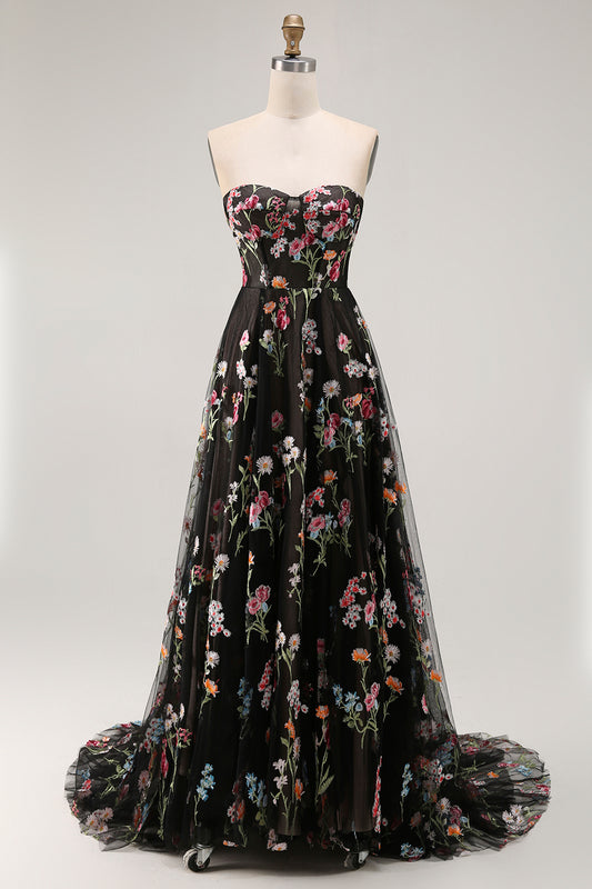 Black Strapless Floral A Line Long Prom Dress
