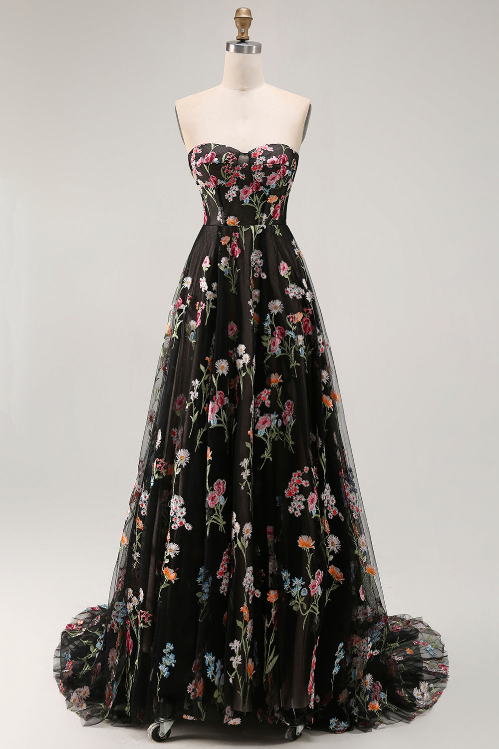 Black Strapless Floral A Line Long Prom Dress