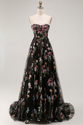 Black Strapless Floral A Line Long Prom Dress