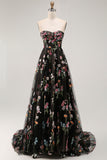 Black Strapless Floral A Line Long Prom Dress