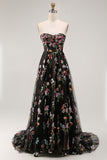 Black Strapless Floral A Line Long Prom Dress