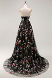 Black Strapless Floral A Line Long Prom Dress
