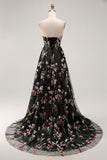 Black Strapless Floral A Line Long Prom Dress