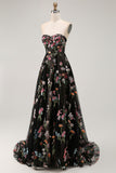 Black Strapless Floral A Line Long Prom Dress
