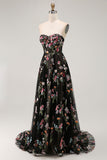Black Strapless Floral A Line Long Prom Dress