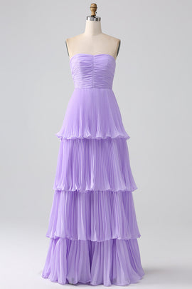 A-Line Sweetheart Lilac Chiffon Bridesmaid Dress with Pleated Tiered Floor Length Wedding Guest Dress